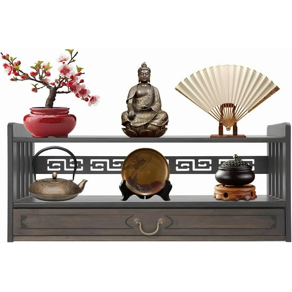 Altar Table with Drawer, 2-Tier Meditation Meditation Table Bamboo Coffee Table, Puja Table for Displaying Jars, Plants and Books (Walnut Color)
