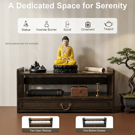 Altar Table with Drawer, 2-tier Meditation Storage Table, Desktop Organizer Walnut Color