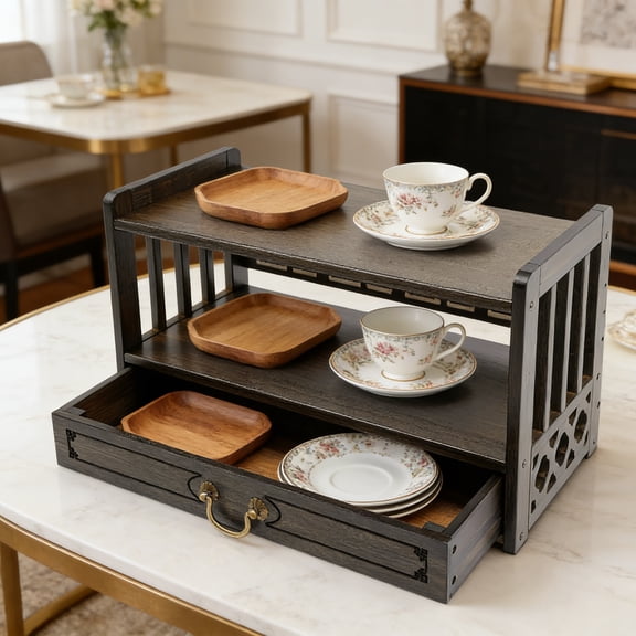 Altar Table with Drawer, 3-Tier Meditation Table with Storage, Bamboo Puja Table Coffee Table Desktop Organizer, Walnut Color, 20.4" x 9.8" x 11"