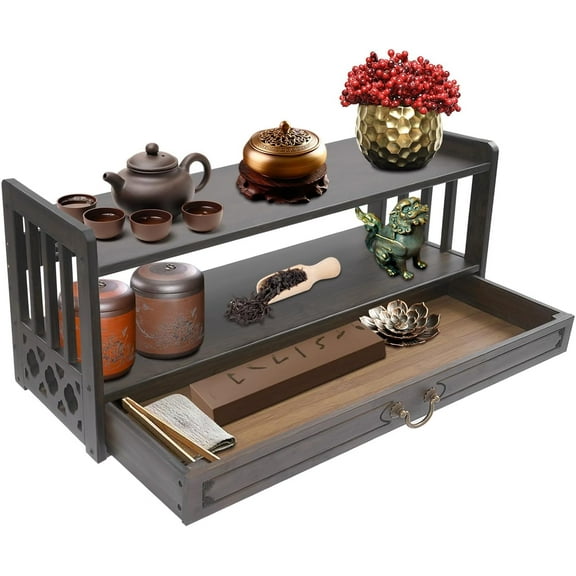 Altar Table with Drawer, 3-Tier Meditation Table with Storage, Bamboo Puja Table Coffee Table Desktop Organizer (Walnut Color, 27.2 * 9.8 * 11in)