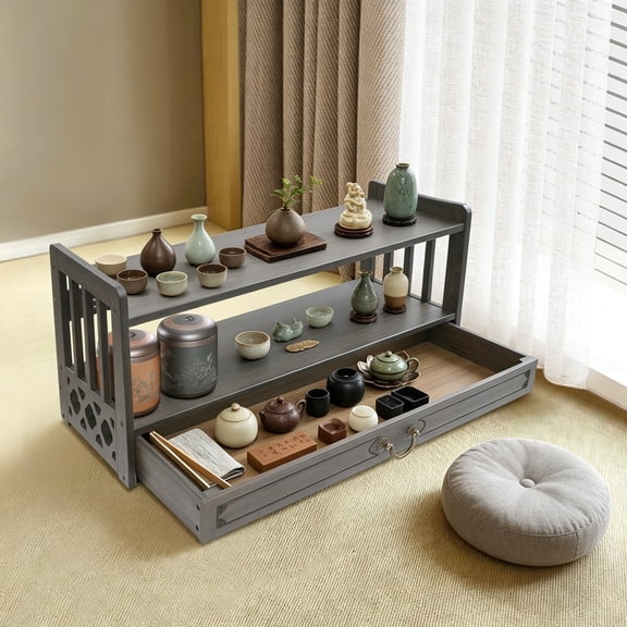 Altar Table with Drawer, 3-Tier Meditation Table with Storage, Bamboo Puja Table Coffee Table Desktop Organizer, Walnut Color, 27.2" x 9.8" x 11"