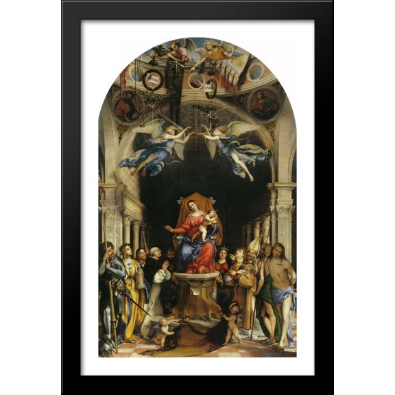Altar polyptych of San Bartolomeo, Bergamo, main panel Enthroned Madonna with Angels and Saints - Alexander of Bergamo, Barbara, Roch, Dominic 26x40 Large Black Wood Framed Print Art by Lorenzo Lotto