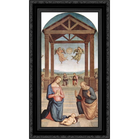 Altarpiece of St. Augustine Adoration of the Shepherds 17x24 Black Ornate Wood Framed Canvas Art by Perugino, Pietro