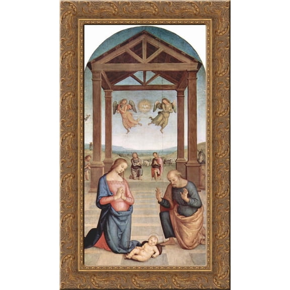 Altarpiece of St. Augustine Adoration of the Shepherds 17x24 Gold Ornate Wood Framed Canvas Art by Perugino, Pietro