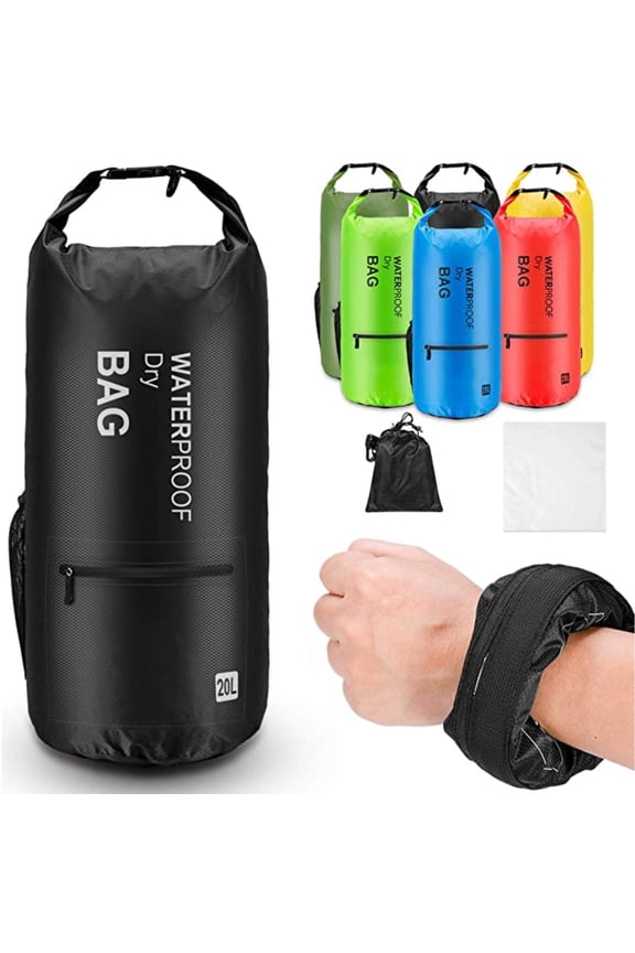 Waterproof Floating Dry Bag Backpack w/2 Exterior Zip Pocket Black 20L