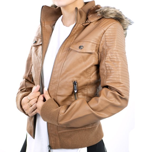 Altatac Women's Faux Leather/Faux Fur Motorcycle Jacket with Hood, Brown, XS