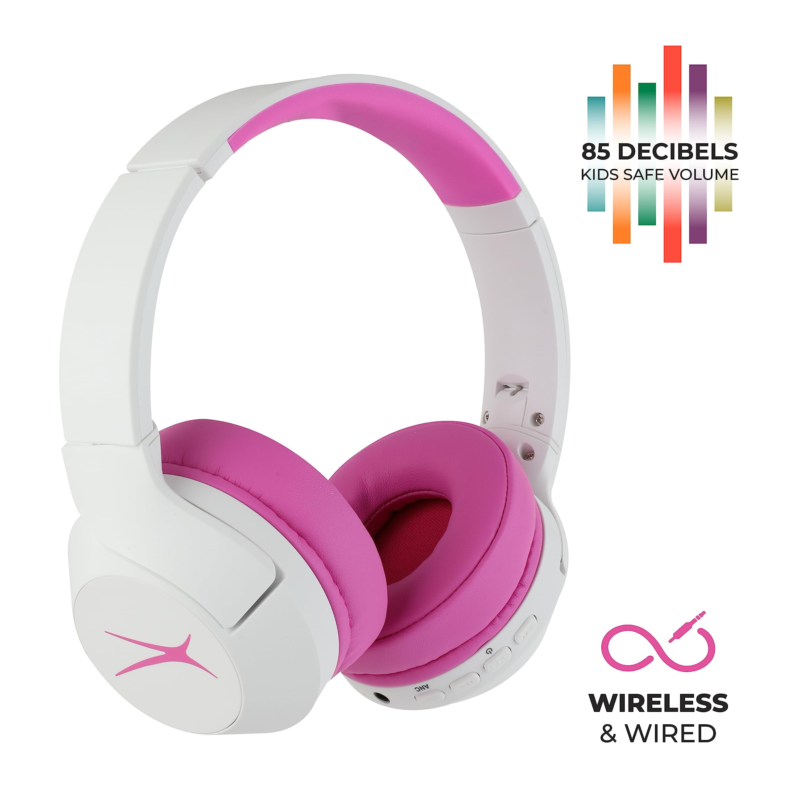Altec Lansing Kid Safe Wireless Headphones, Active Noise Cancellation, 85dB Volume Limiter, IPX4 Splash Resistant, Foldable Design, Pink