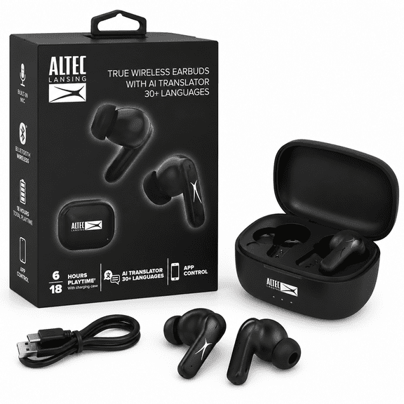 Altec Lansing True Wireless Bluetooth Earbuds with AI Translator, Charging Case & App Control, Black