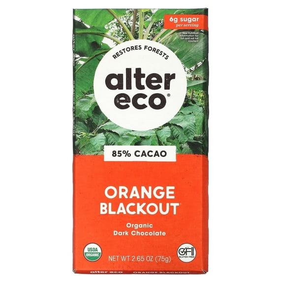 Alter Eco, Organic Dark Chocolate Bar, Orange Blackout, 85% Cacao, 2.65 oz (75 g) Pack of 4