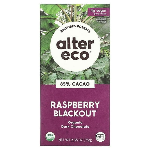 Alter Eco, Organic Dark Chocolate Bar, Raspberry Blackout, 85% Cacao, 2.65 oz Pack of 2