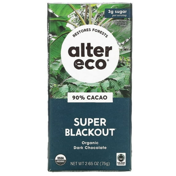 Alter Eco Organic Dark Chocolate Bar Super Blackout 90% Cacao 2.65 oz Pack of 2
