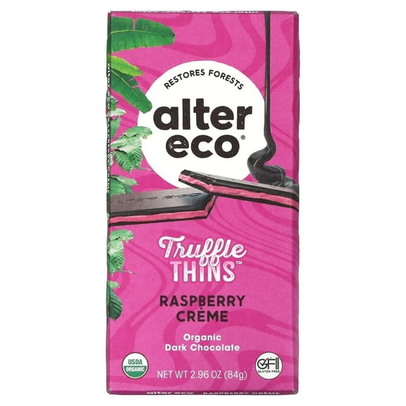 Alter Eco, Truffle Thins, Organic Dark Chocolate Bar, Raspberry Crme, 2.96 oz (84 g)