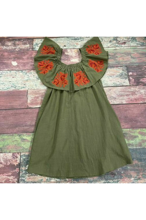 Alter'd State Off Shoulder Ruffled Sage Green Embroidered Red Roses Dress XS