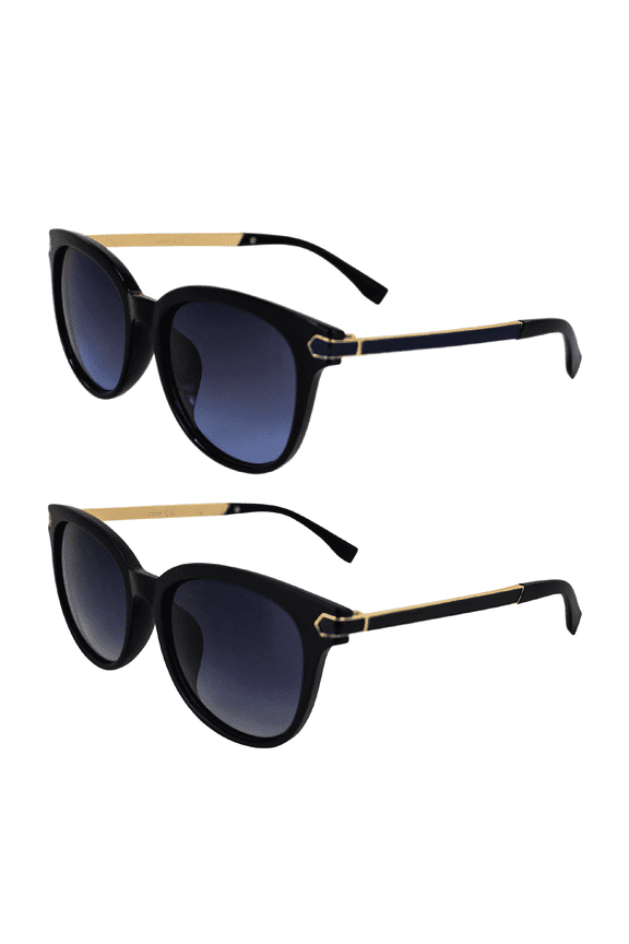 Allure Fashion Retro Sunglasses for Women 2 Pair Black Frames w/ Dual-Color Metal Temples & Gradient Blue & Smoke Lenses