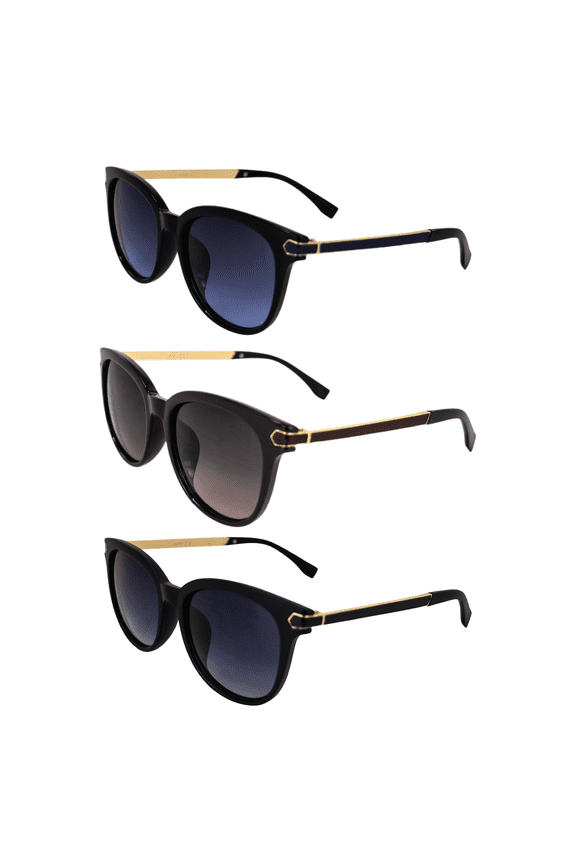 Allure Fashion Retro Sunglasses for Women 3 Pair Black & Brown Frames w/ Dual-Color Metal Temples & Gradient Blue Brown Smoke Lenses