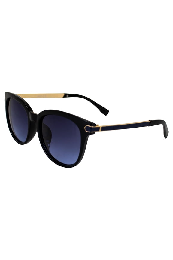 Allure Fashion Retro Sunglasses for Women Black Frame w/ Dual-Color Metal Temples & Gradient Blue Lenses