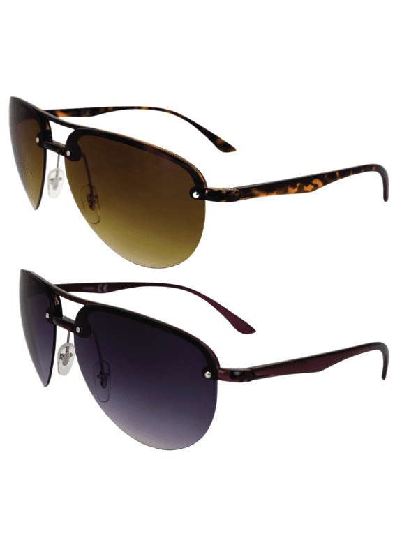Amelia Fashion Retro Sunglasses for Women 2 Pair Semi-Rimless Aviators Purple & Tortoise Frames w/ Gradient Smoke & Brown Lenses