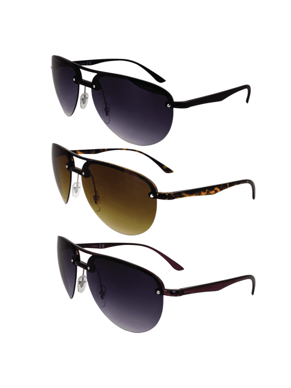 Amelia Fashion Retro Sunglasses for Women 3 Pair Semi-Rimless Aviators Purple Black & Tortoise Frames w/ Gradient Smoke & Brown Lenses