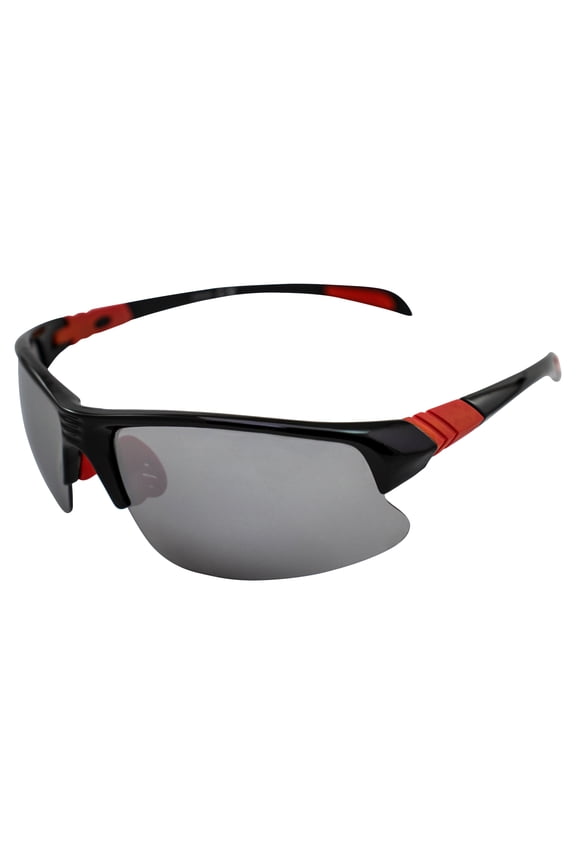 Arrow Wraparound Sports Retro Sunglasses for Men or Women Black Semi-Rimless Frame w/Coinjected Red Rubber Tips & Flash Mirror Lenses