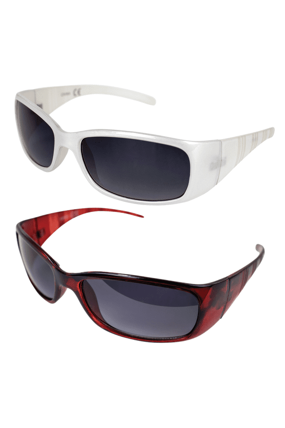 Boardwalk Fashion Motorcycle Retro Sunglasses for Men or Women 2 Pair Wraparound Red & White Frames w/Gradient Smoke Lenses