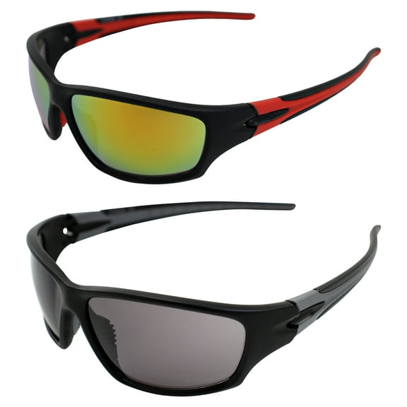 AlterImage Chance Wraparound Sports & Motorcycle Retro Sunglasses for Men or Women 2 Pair Black Frames w/ Coinjected Rubber Temples G-Tech Red & Smoke Lenses