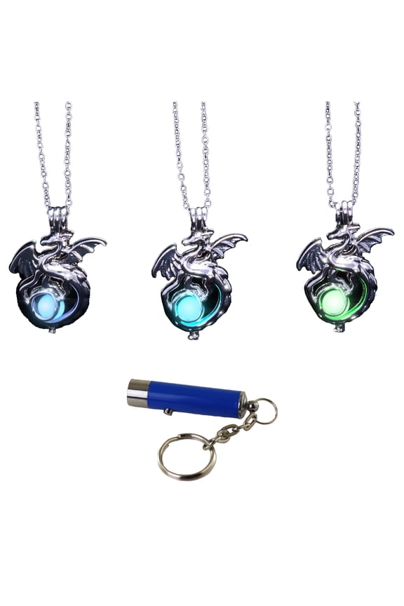 Fiery Dragon Wings of Fire Luminous Glow In The Dark Necklace Set 3 Pendants with UV Light Green Blue Sky Blue Gift