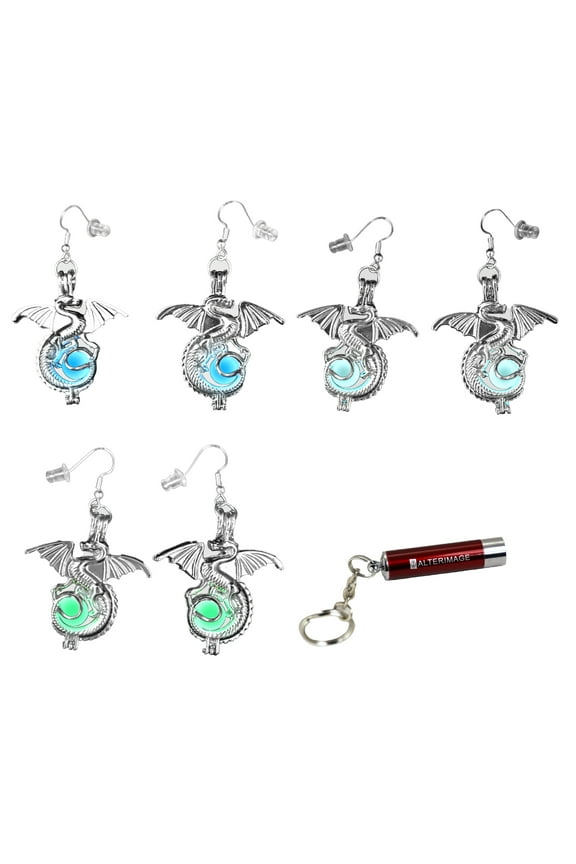 Fiery Winged Dragon Earrings Set Glow In The Dark 3 Luminous Jewelry Green Blue & Sky Blue Includes UV Light