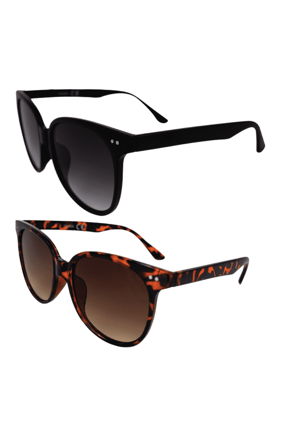 Glam Fashion Retro Sunglasses for Women 2 Pair Tortoise & Black Frames w/ Silver Metal Accents Gradient Brown & Gradient Smoke Lenses