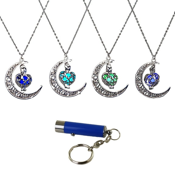 AlterImage Crescent Moon Glow In The Dark Necklaces 4 Pack Luminous Jewelry Green Purple Blue & Sky Blue Includes UV Light