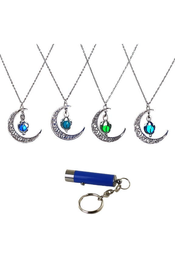 Eclipse Crescent Moon Glow In The Dark Necklaces 4 Pack Luminous Jewelry Green Purple Blue & Sky Blue Includes UV Light