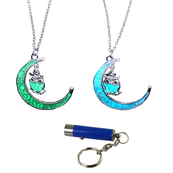 AlterImage Crescent Moon Owl Glow In The Dark Necklaces Set of 2 Luminous Jewelry Green & Sky Blue Includes UV Light