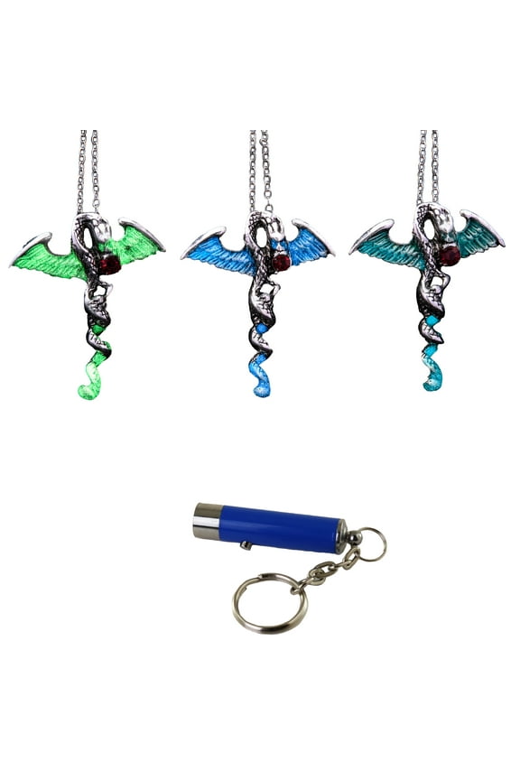 Jewelry Winged Dragon Glow In The Dark Necklaces 3 Pack Luminous Jewelry Green Blue & Sky Blue Includes UV Light