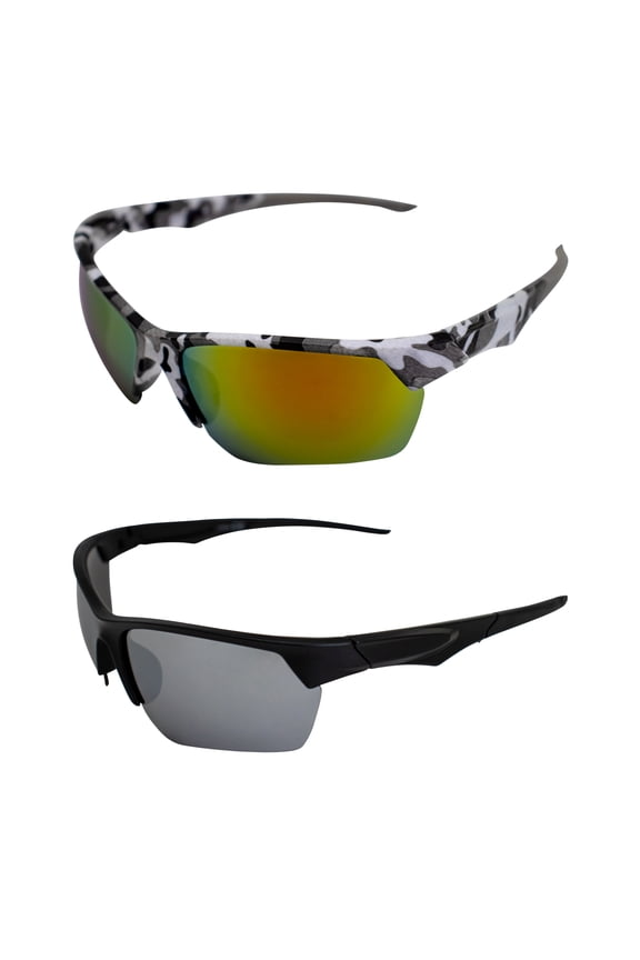 Orion Wraparound Sports Retro Sunglasses for Men or Women 2 Pair Camo & Black Semi-Rimless Frames w/ Coinjected Rubber Tips & G-Tech Red/Flash Mirror Lenses