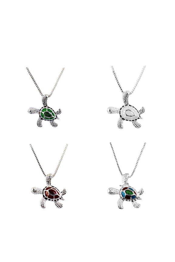 Sea Turtle Necklace Encrusted with Sparkling Stones Set of 4 - White Green Red & Multicolored