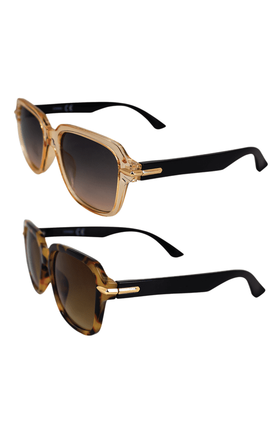 Sunset Fashion Retro Sunglasses for Women 2 Pair Clear & Tortoise Frames w/Gold Metal Accents & Gradient Brown Lenses