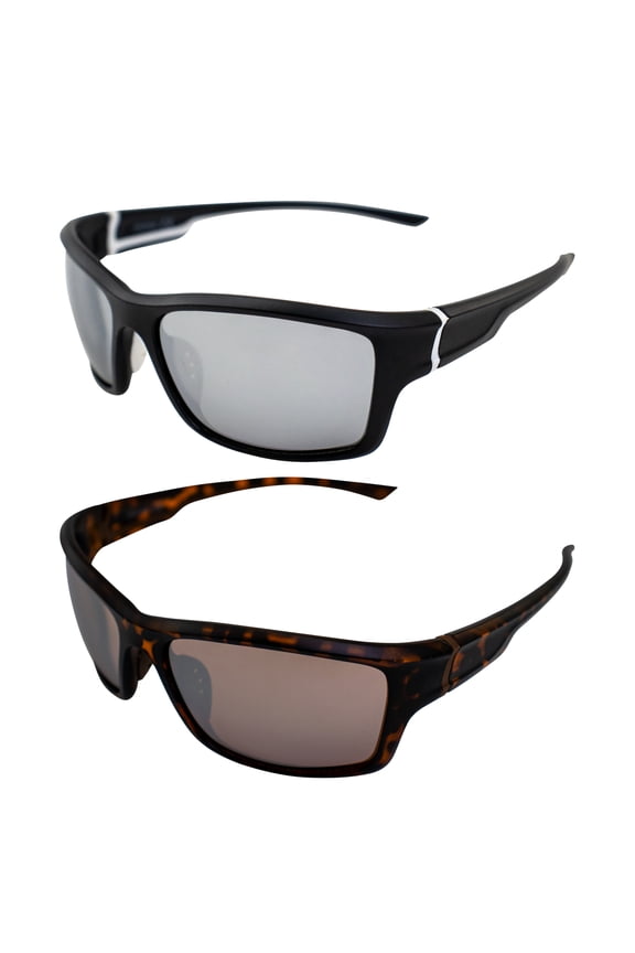 Tussle Wraparound Sports & Motorcycle Retro Sunglasses for Men or Women 2 Pair Black & Tortoise Frames w/ Coinjected Rubber Temples Flash Mirror & Driving Mirror Lenses