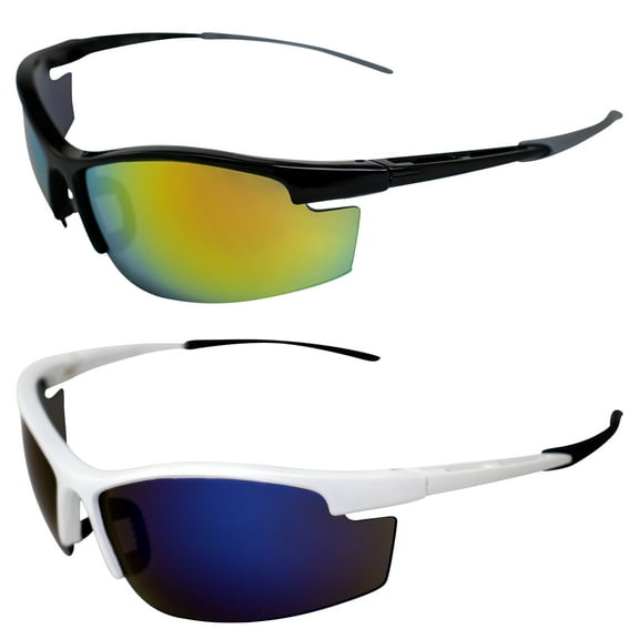 AlterImage Venture Wraparound Sports & Motorcycle Retro Sunglasses for Men or Women 2 Pair Semi-Rimless Black & White Frames w/ Rubber Tips & Nose Pads G-Tech Red & Blue Lenses