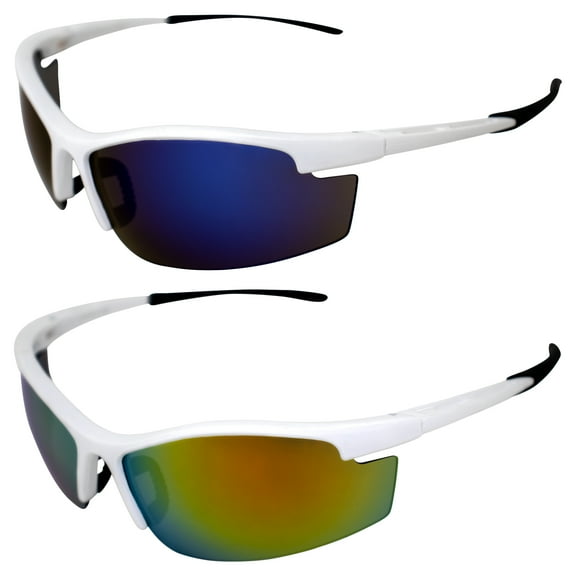 AlterImage Venture Wraparound Sports & Motorcycle Retro Sunglasses for Men or Women 2 Pair Semi-Rimless White Frames w/ Rubber Tips & Nose Pads G-Tech Blue & Red Lenses