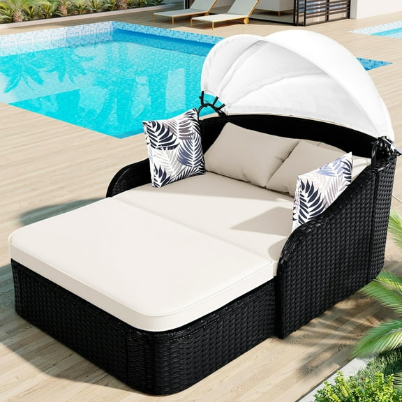Alterable Canopy Pe Sunbed - Double Lounge, Elegant Curved , Beige Cushions Movable