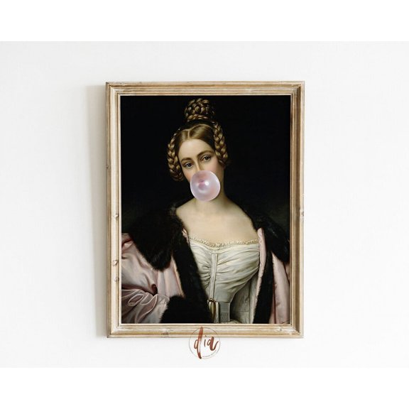 Altered Art Portrait, Pink Bubblegum Renaissance Poster, Eclectic Art Print, Aesthetic Room Decor, Vintage Girly Wall Art, Modern Wall Decor, 12x18 UNFRAMED