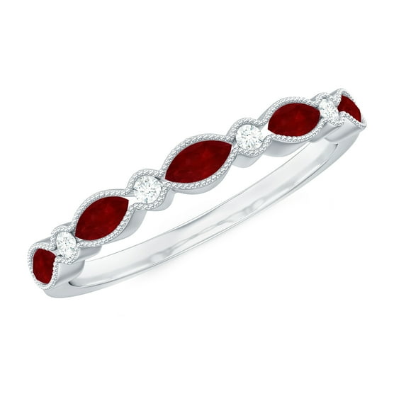 Rosec Jewels Natural Ruby Half Eternity Ring for Women - East West Ruby Ring with Moissanite - AAA Quality - with Jewelry Box, 18K White Gold, US 5.00