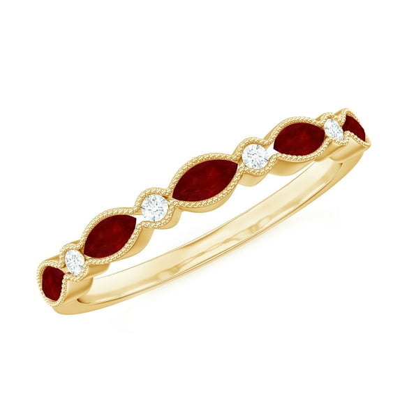 Rosec Jewels Natural Ruby Half Eternity Ring for Women - East West Ruby Ring with Moissanite - AAA Quality - with Jewelry Box, 18K Yellow Gold, US 11.00