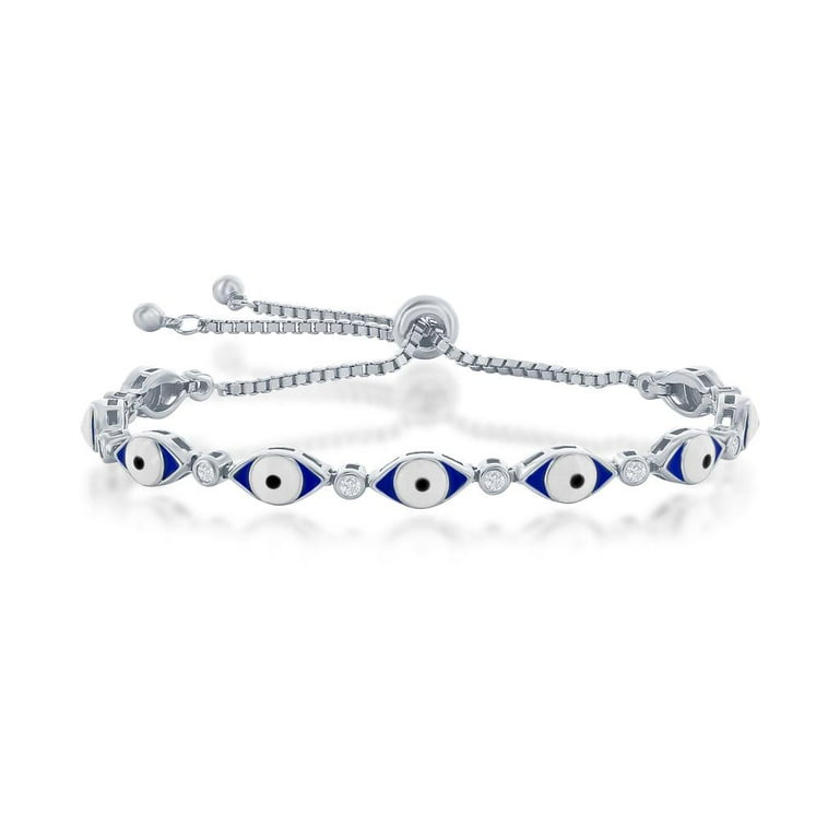 Sterling Silver Blue Enamel and CZ Eye Adjustable Bolo Bracelet Sterling Silver Blue Enamel and CZ Eye Adjustable Bolo Bracelet
