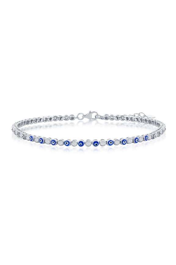Alternating Navy-Blue Enamel Evil Eye and Simulated Diamond CZ 9+1” Tennis Anklet |Sterling Silver Jewelry for Women or Teens