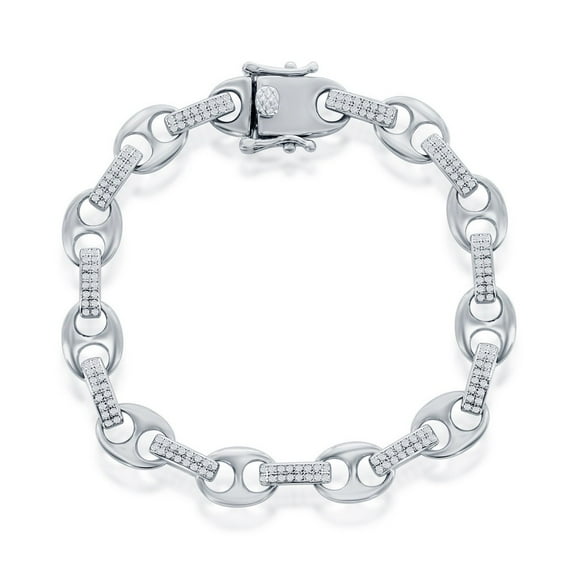 Alternating Polished and Simulated CZ Diamonds Puffed Marina Anchor Link Chain 7” Bracelet – Sterling Silver Jewelry for Women or Teens