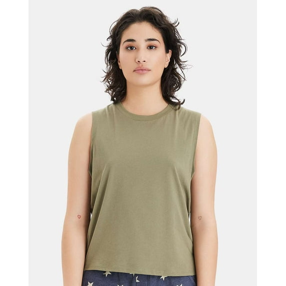 Alternative B05812064 Women Cotton Jersey Go-To Crop Muscle Tank Top, Military - Medium