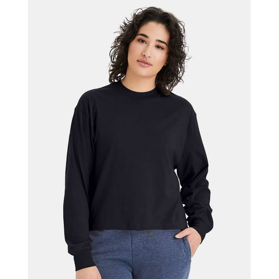 Alternative B06012505 Women Cotton Jersey Long Sleeve Crop T-Shirt, Black - Large