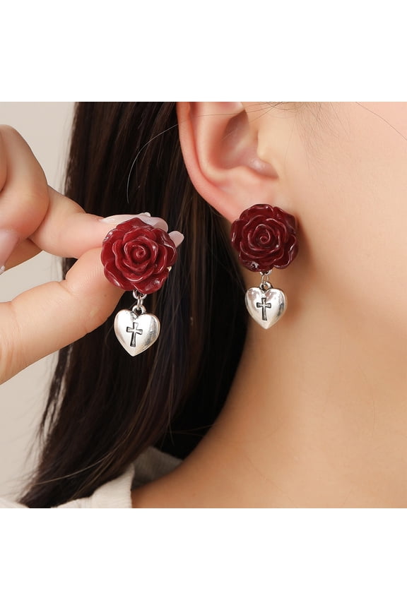 Alternative Valentines Earrings for Women, Gothic Dark Red Rose and Heart Alloy Drop Earrings, Small Statement Romantic Jewelry for Goth Cottagecore Dark Academia Style Hypoallergenic Gift