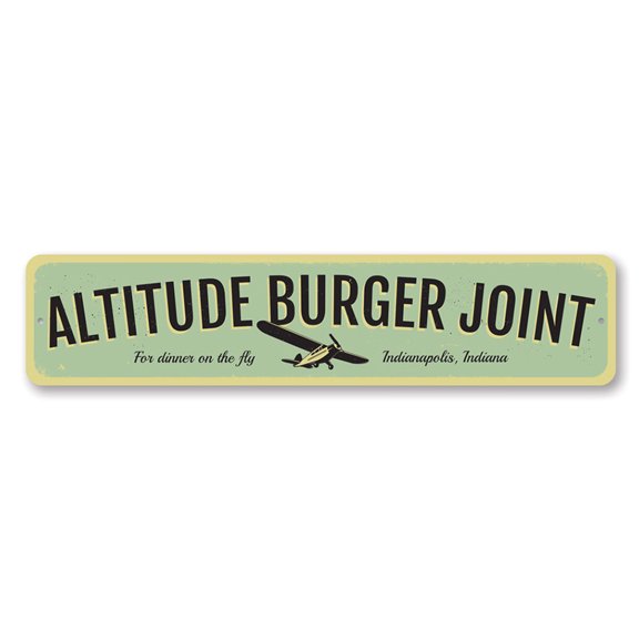 Altitude Burger Joint Sign, Dinner on The Fly Airplane Sign Custom City State Restaurant Aluminum Sign - 4x18 inches