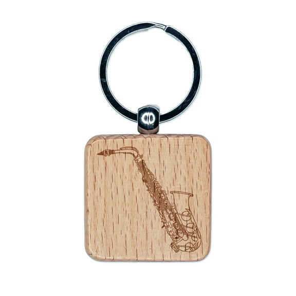 Alto Saxophone Woodwind Musical Instrument Square Keychain Charm Tag - Engraved Wood